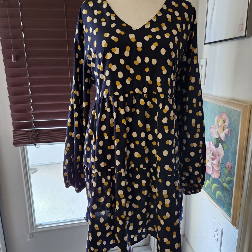 Chic Soul Navy and Mustard Polka Dot Midi Dress